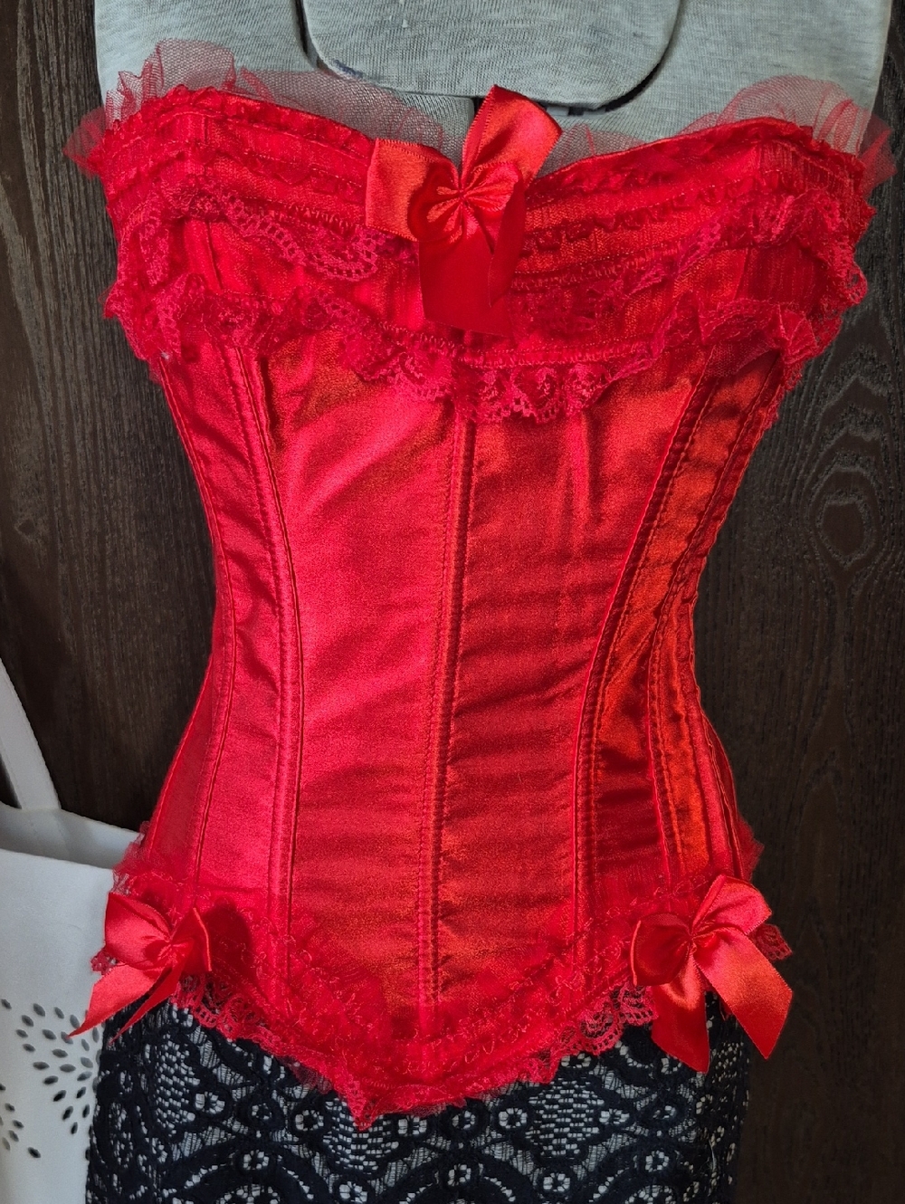 NWOT Red Satin Lace Corset Top with Bow Accents